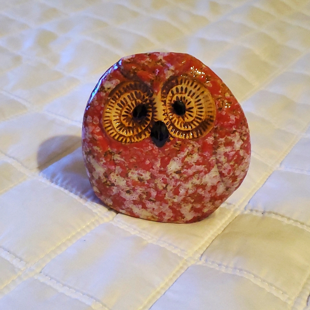 Mini Owl Ceramic Stone Look Wide Eyed Red Speckled Figurine